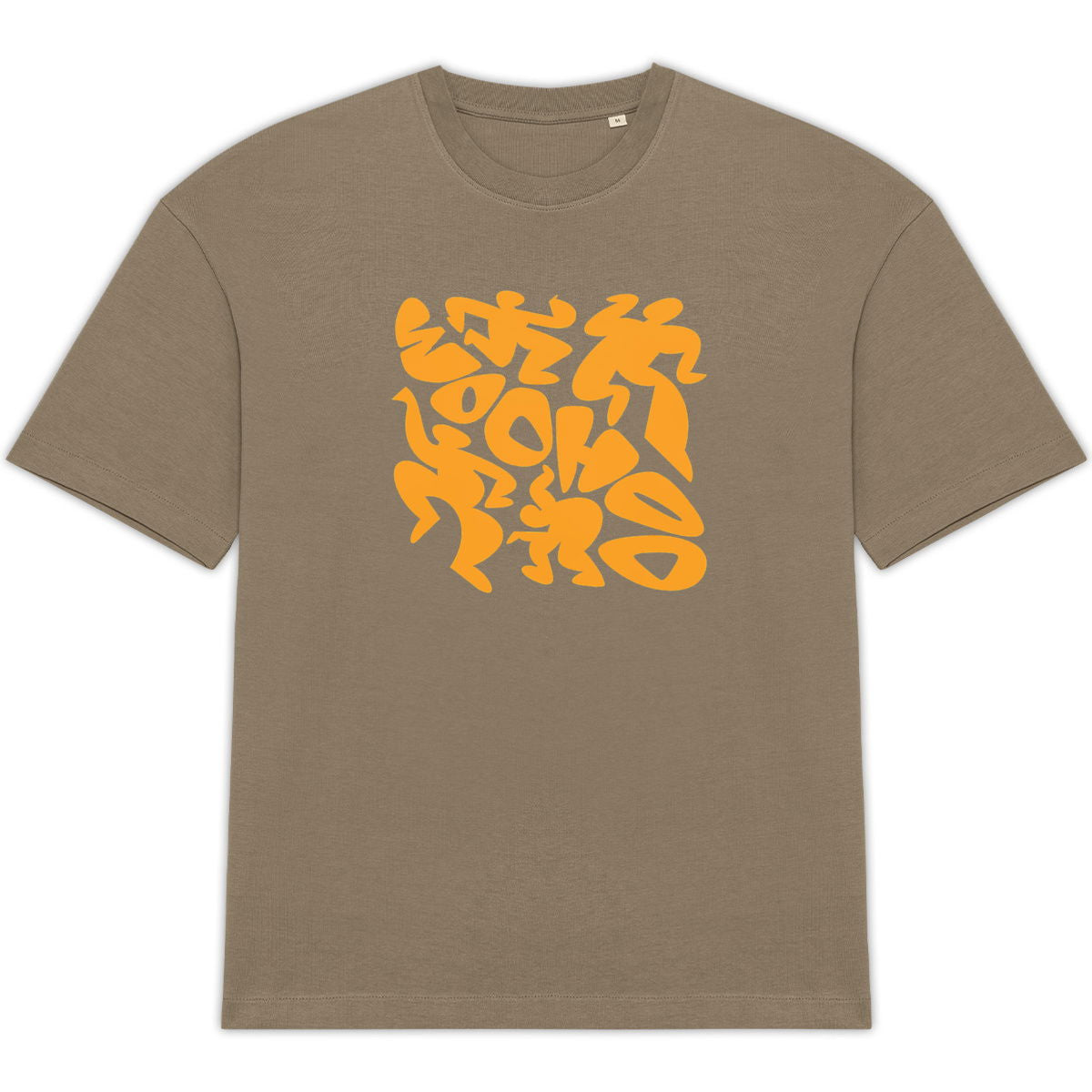 Front view of a brown t-shirt with orange graphic design on a white background
