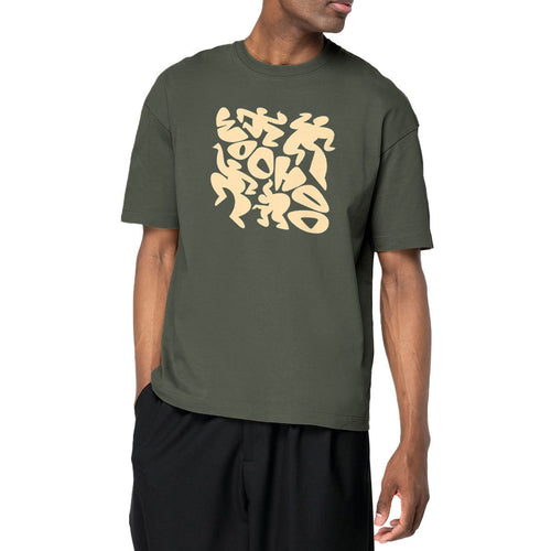 Man wearing a green t-shirt with beige graphic design on a white background