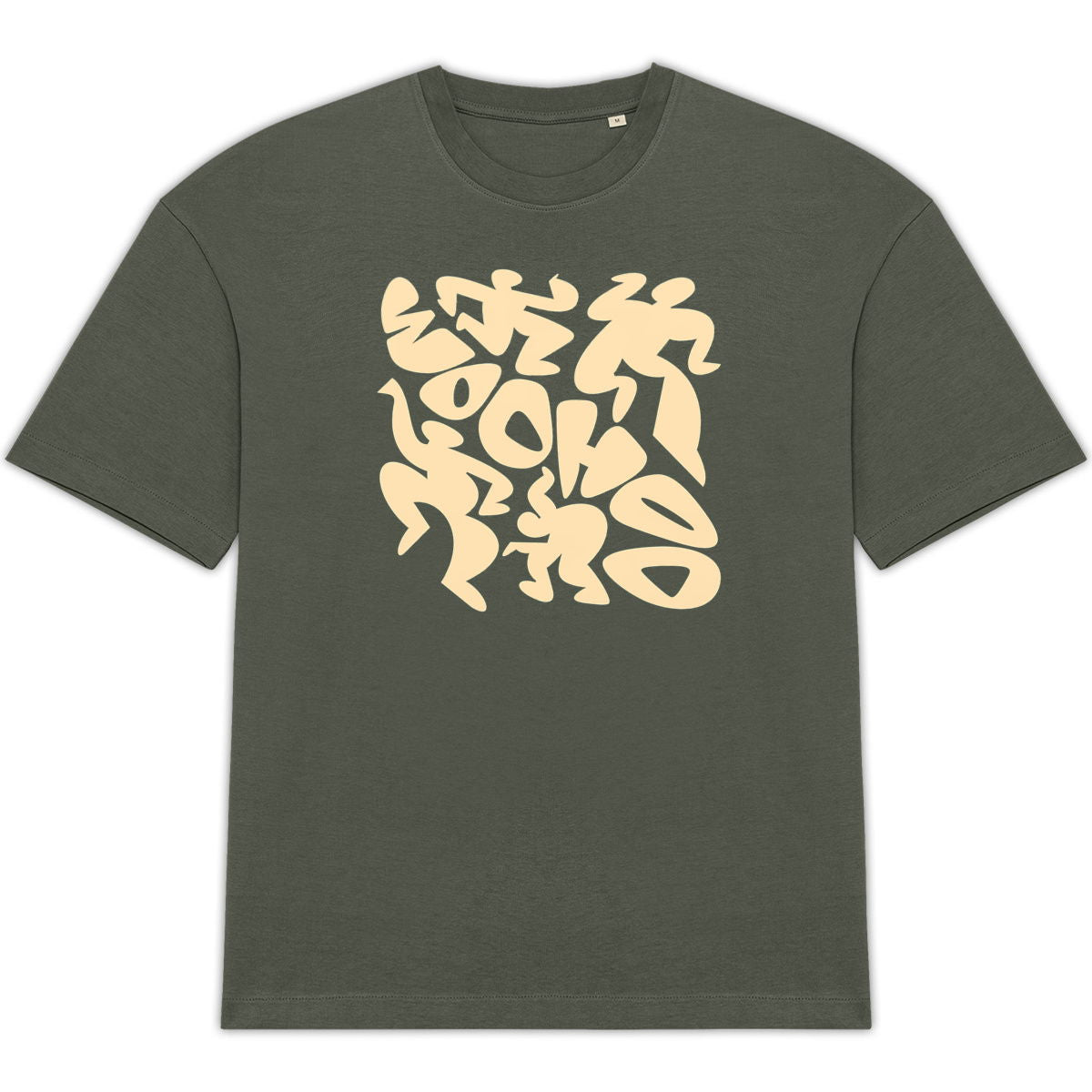 Front view of a green t-shirt with beige graphic design on a white background