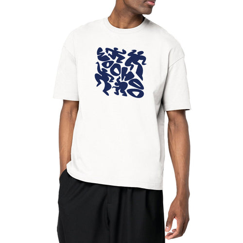 Man with a white t-shirt with a blue graphic design on a white background
