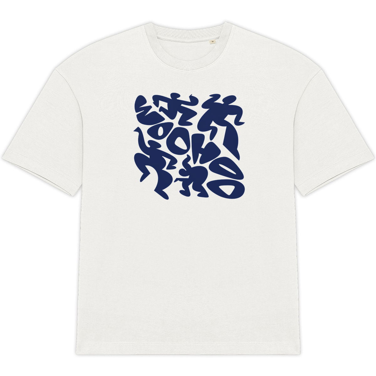 Front view of a white t-shirt with a blue graphic design on a white background