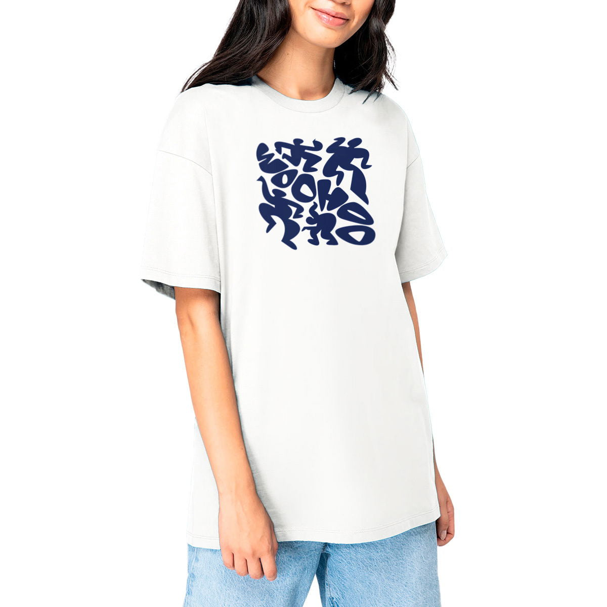 Woman with a white t-shirt with a blue graphic design on a white background